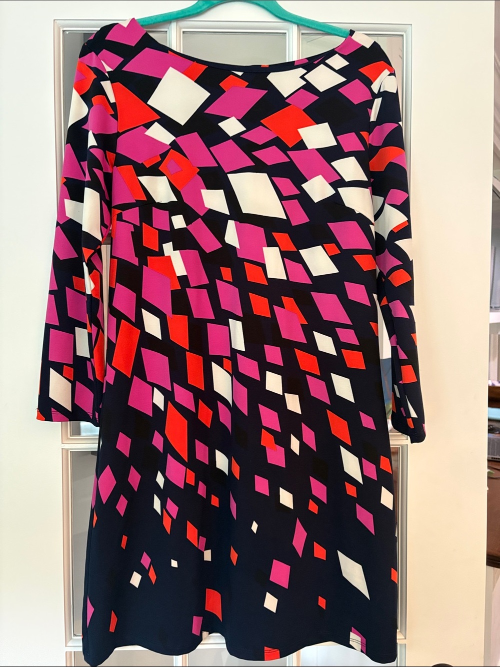 JB by Julie Brown Black Geometric Print Long Sleeve Dress with Pink, Red & White